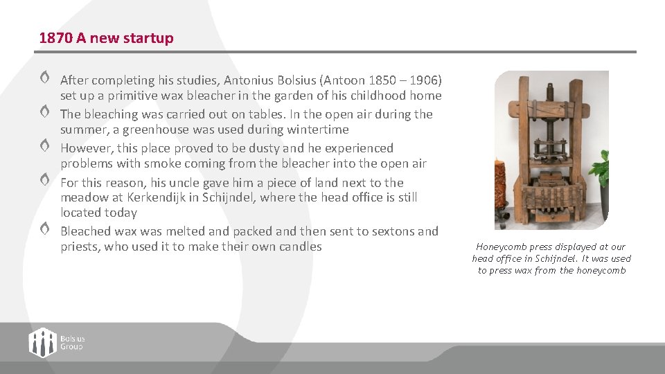 1870 A new startup After completing his studies, Antonius Bolsius (Antoon 1850 – 1906)