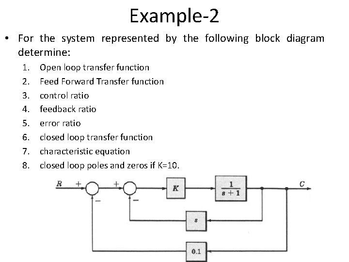 Example-2 • For the system represented by the following block diagram determine: 1. 2.