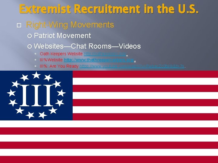 Extremist Recruitment in the U. S. Right-Wing Movements Patriot Movement Websites—Chat Rooms—Videos Oath Keepers