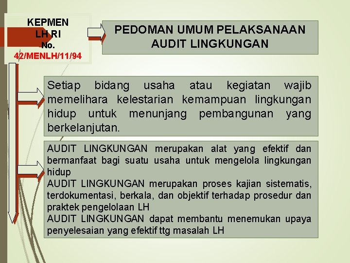 KEPMEN LH RI No. 42/MENLH/11/94 PEDOMAN UMUM PELAKSANAAN AUDIT LINGKUNGAN Setiap bidang usaha atau