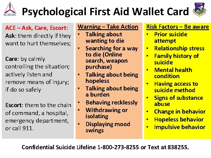 Psychological First Aid Wallet Card Warning – Take Action • Talking about wanting to