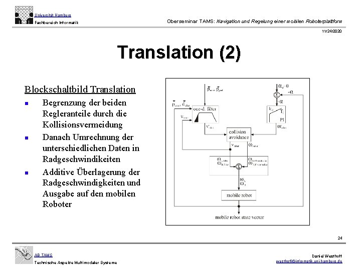Universität Hamburg Oberseminar TAMS: Navigation und Regelung einer mobilen Roboterplattform Fachbereich Informatik 11/24/2020 Translation