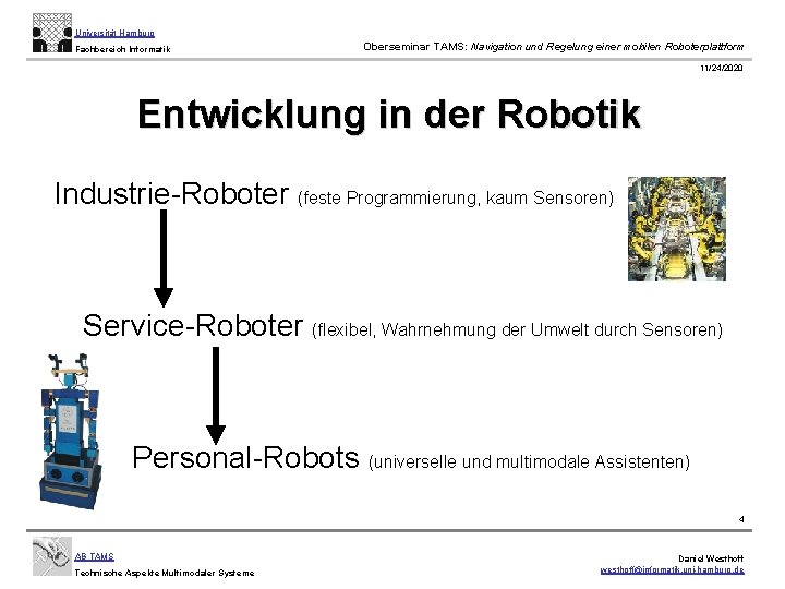 Universität Hamburg Fachbereich Informatik Oberseminar TAMS: Navigation und Regelung einer mobilen Roboterplattform 11/24/2020 Entwicklung