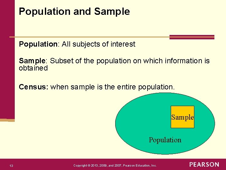Population and Sample Population: All subjects of interest Sample: Subset of the population on