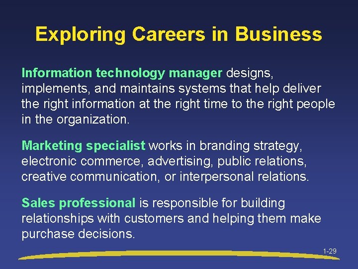 Exploring Careers in Business Information technology manager designs, implements, and maintains systems that help