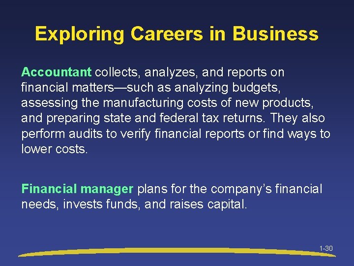 Exploring Careers in Business Accountant collects, analyzes, and reports on financial matters—such as analyzing