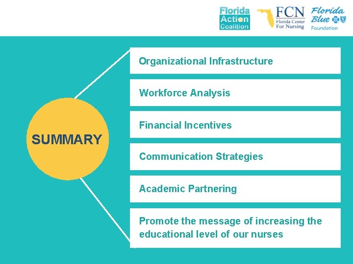 Organizational Infrastructure Workforce Analysis Financial Incentives SUMMARY Communication Strategies Academic Partnering Promote the message