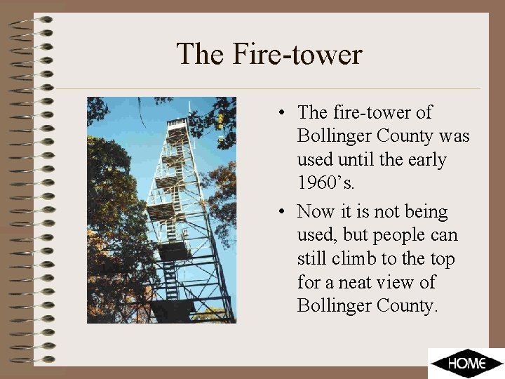 The Fire-tower • The fire-tower of Bollinger County was used until the early 1960’s.