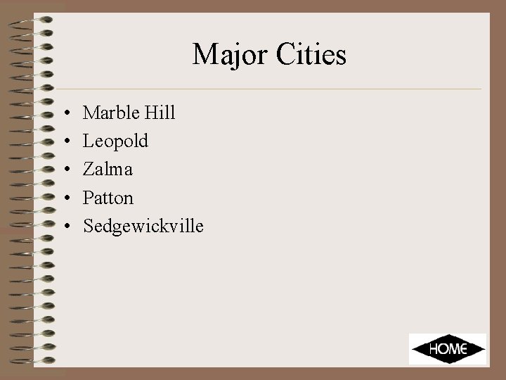 Major Cities • • • Marble Hill Leopold Zalma Patton Sedgewickville 