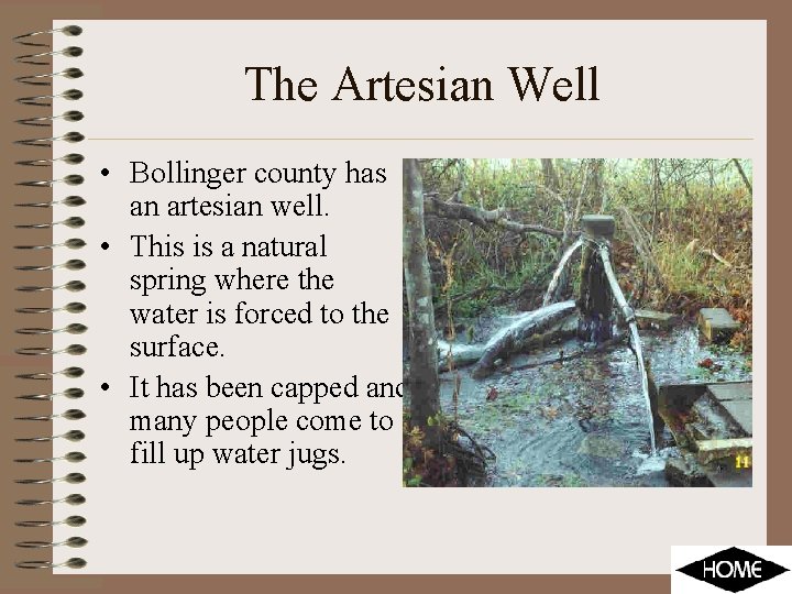The Artesian Well • Bollinger county has an artesian well. • This is a