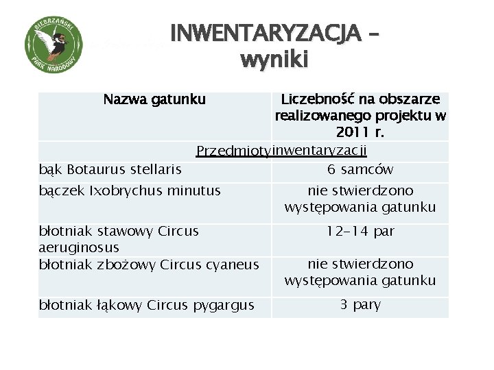 INWENTARYZACJA – wyniki Liczebność na obszarze realizowanego projektu w 2011 r. Przedmioty inwentaryzacji 6