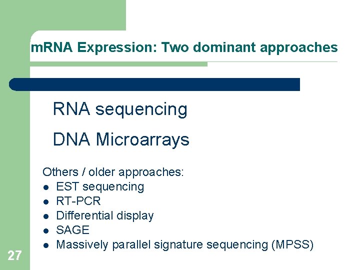 m. RNA Expression: Two dominant approaches RNA sequencing DNA Microarrays 27 Others / older