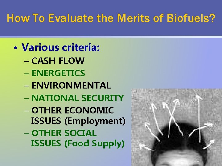 How To Evaluate the Merits of Biofuels? • Various criteria: – CASH FLOW –