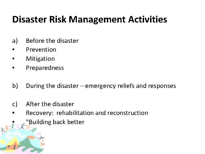 Disaster Risk Management Activities a) • • • Before the disaster Prevention Mitigation Preparedness