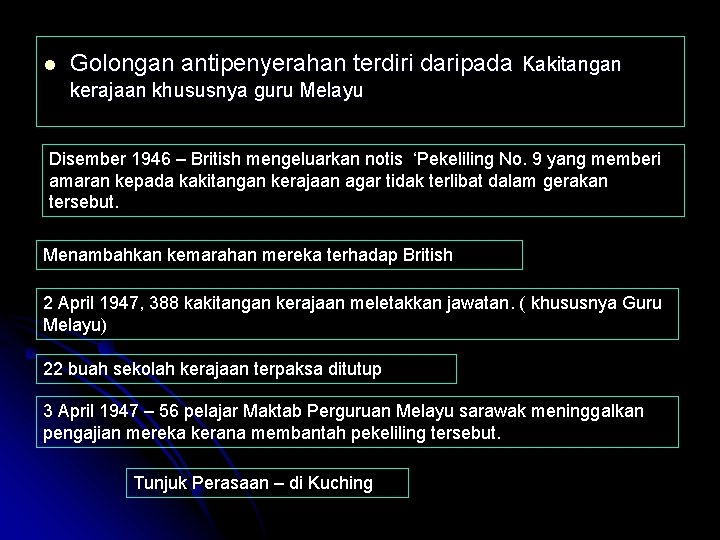 l Golongan antipenyerahan terdiri daripada Kakitangan kerajaan khususnya guru Melayu Disember 1946 – British