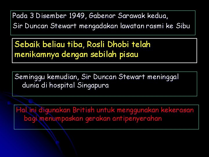 Pada 3 Disember 1949, Gabenor Sarawak kedua, Sir Duncan Stewart mengadakan lawatan rasmi ke