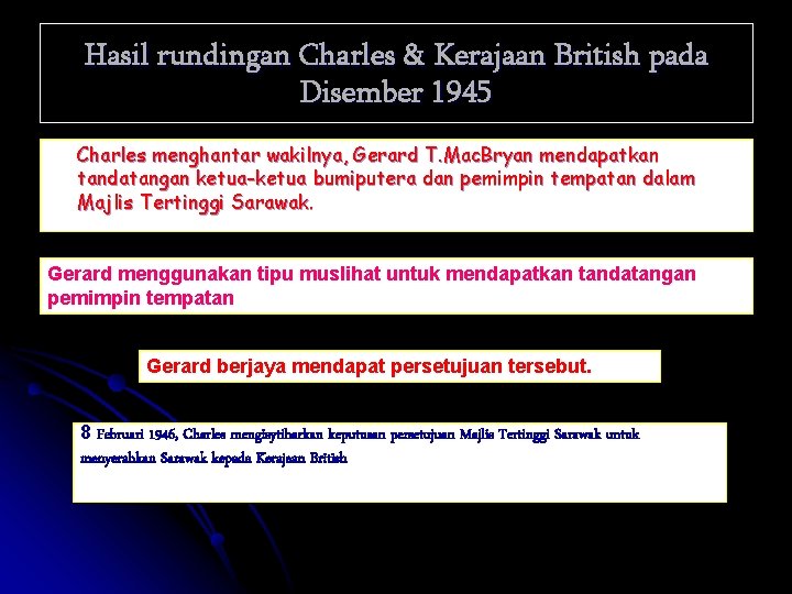 Hasil rundingan Charles & Kerajaan British pada Disember 1945 Charles menghantar wakilnya, Gerard T.