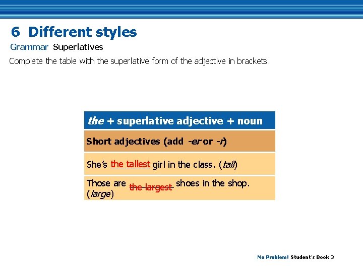 6 Different styles Grammar Superlatives Complete the table with the superlative form of the