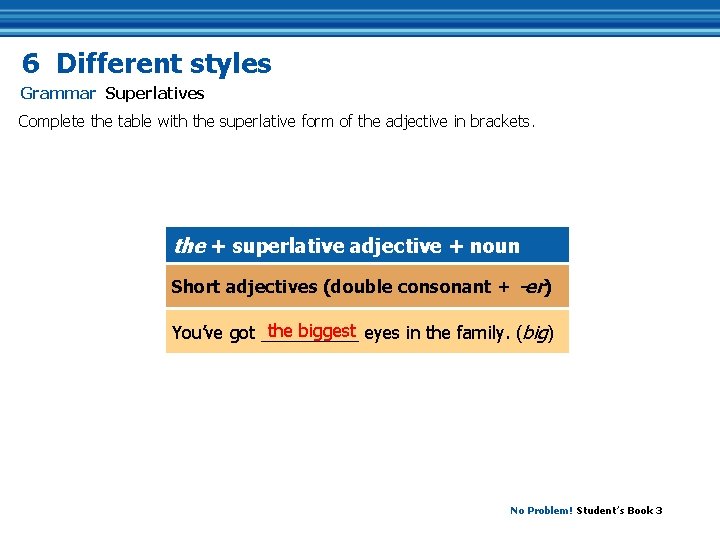 6 Different styles Grammar Superlatives Complete the table with the superlative form of the