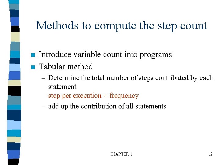 Methods to compute the step count n n Introduce variable count into programs Tabular