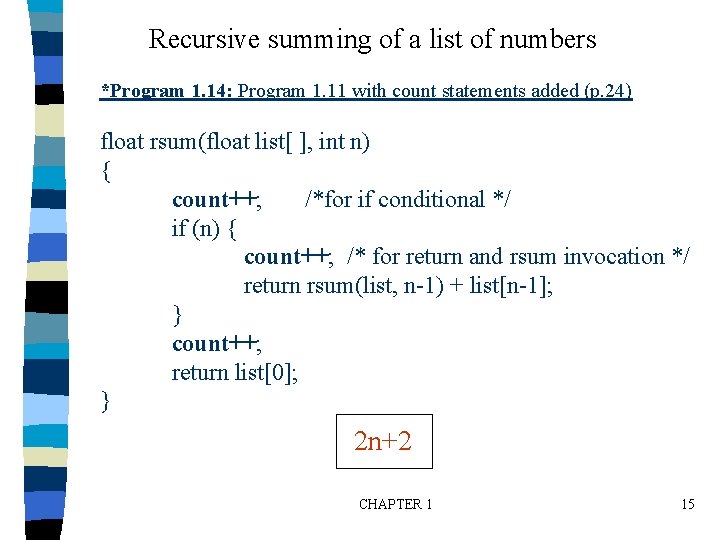 Recursive summing of a list of numbers *Program 1. 14: Program 1. 11 with