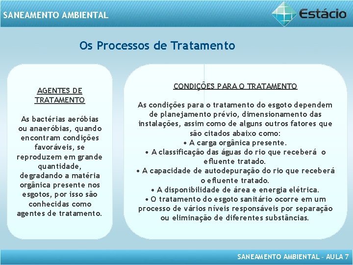 SANEAMENTO AMBIENTAL Os Processos de Tratamento AGENTES DE TRATAMENTO As bactérias aeróbias ou anaeróbias,