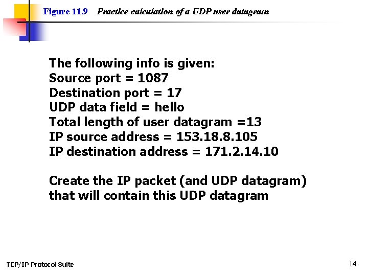 Figure 11. 9 Practice calculation of a UDP user datagram The following info is