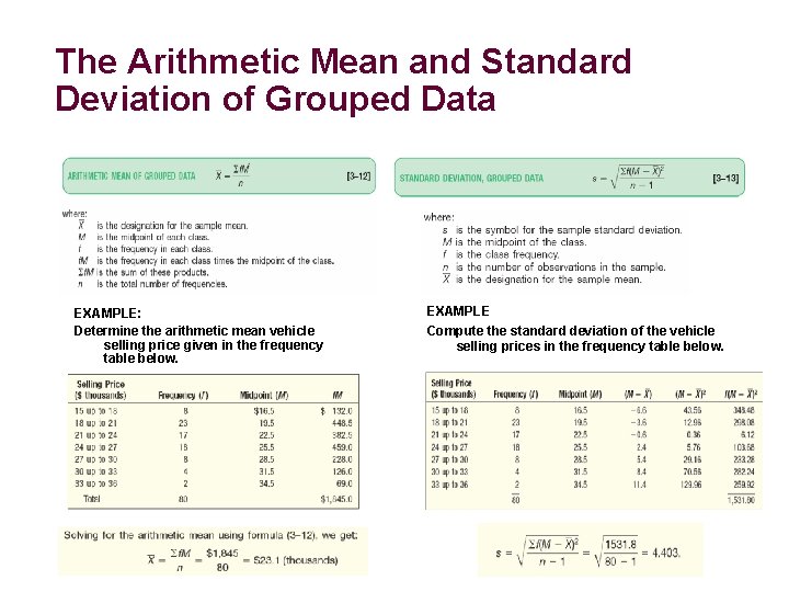 The Arithmetic Mean and Standard Deviation of Grouped Data EXAMPLE: Determine the arithmetic mean