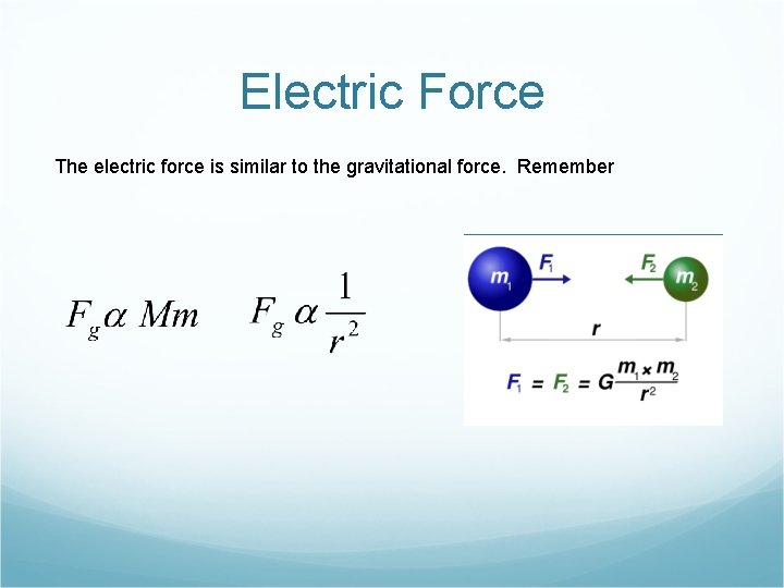 Electric Force The electric force is similar to the gravitational force. Remember 