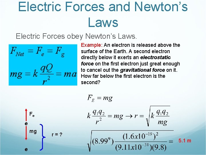Electric Forces and Newton’s Laws Electric Forces obey Newton’s Laws. Example: An electron is