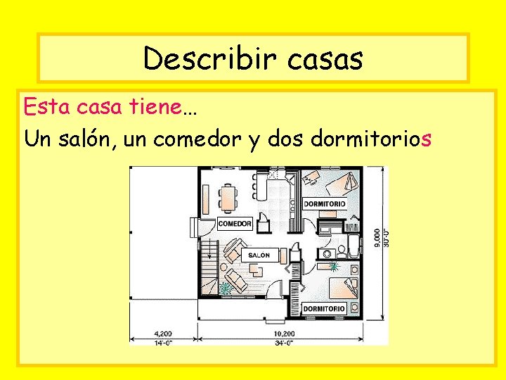 Describir casas Esta casa tiene… Un salón, un comedor y dos dormitorios 