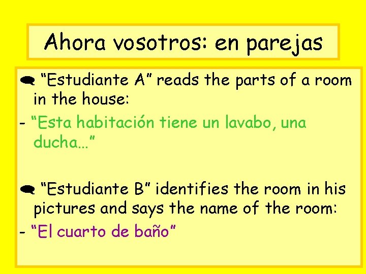 Ahora vosotros: en parejas “Estudiante A” reads the parts of a room in the