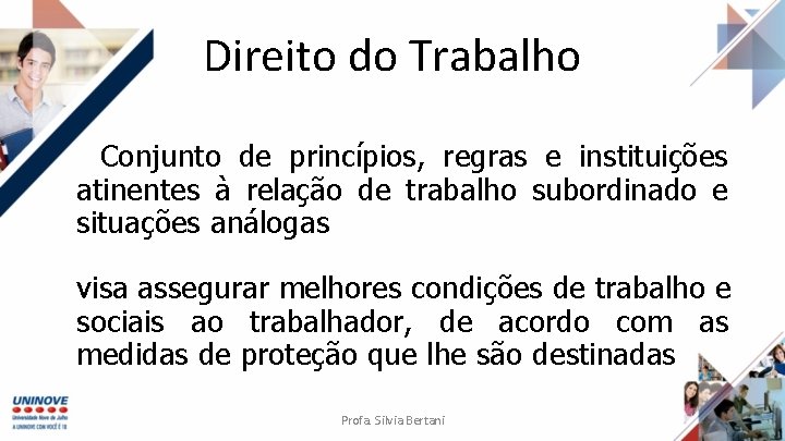 Direito do Trabalho Conjunto de princípios, regras e instituições atinentes à relação de trabalho