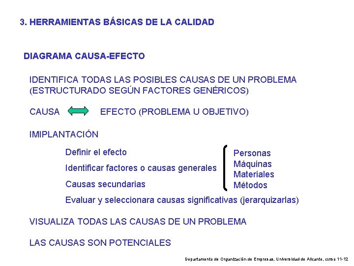 3. HERRAMIENTAS BÁSICAS DE LA CALIDAD DIAGRAMA CAUSA-EFECTO IDENTIFICA TODAS LAS POSIBLES CAUSAS DE