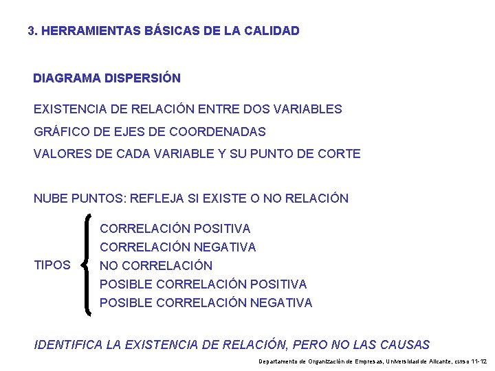 3. HERRAMIENTAS BÁSICAS DE LA CALIDAD DIAGRAMA DISPERSIÓN EXISTENCIA DE RELACIÓN ENTRE DOS VARIABLES