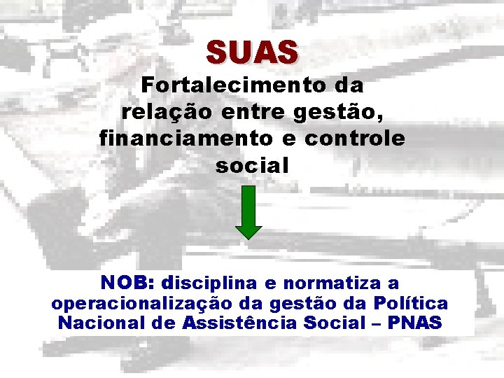 SUAS Fortalecimento da relação entre gestão, financiamento e controle social NOB: disciplina e normatiza