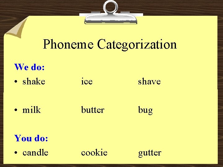 Phoneme Categorization We do: • shake ice shave • milk butter bug You do: