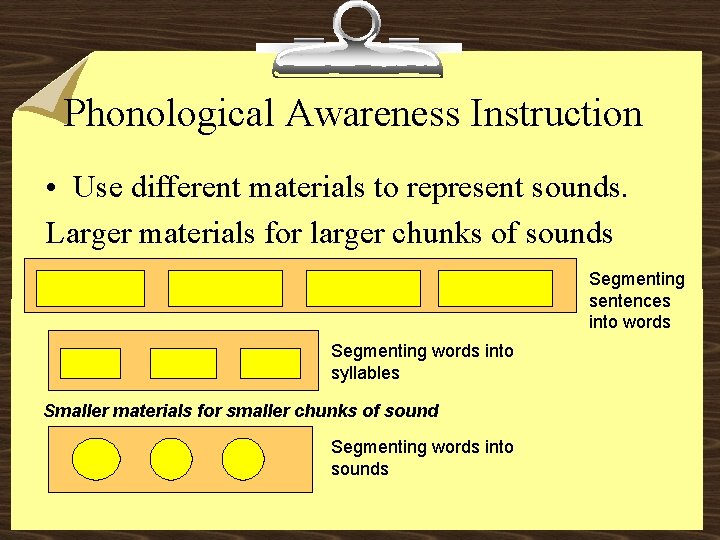 Phonological Awareness Instruction • Use different materials to represent sounds. Larger materials for larger