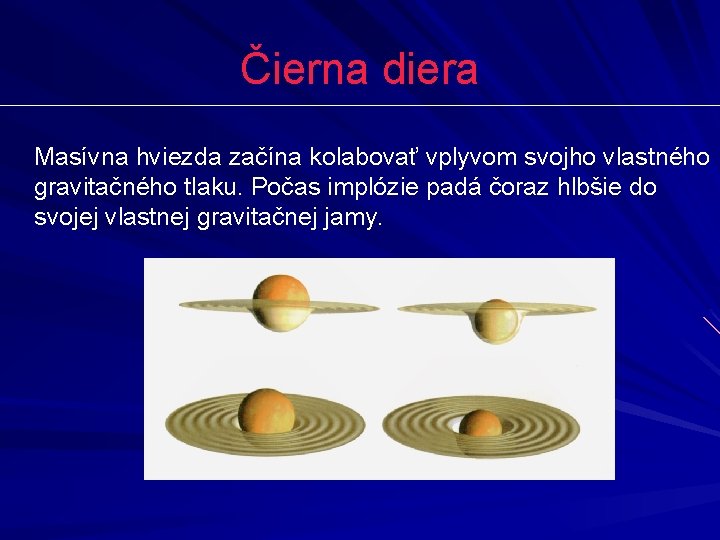 Čierna diera Masívna hviezda začína kolabovať vplyvom svojho vlastného gravitačného tlaku. Počas implózie padá
