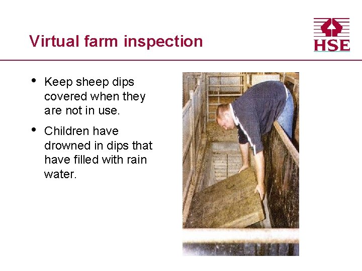 Virtual farm inspection • Keep sheep dips covered when they are not in use.