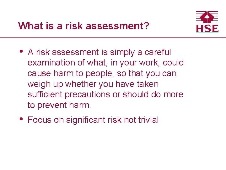 What is a risk assessment? • A risk assessment is simply a careful examination