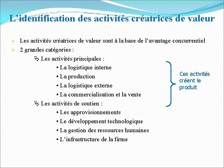 L’identification des activités créatrices de valeur Les activités créatrices de valeur sont à la