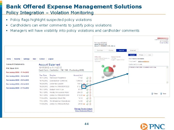 Bank Offered Expense Management Solutions Policy Integration – Violation Monitoring § Policy flags highlight