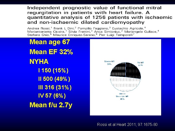 Mean age 67 Mean EF 32% NYHA I 150 (15%) II 500 (49%) III