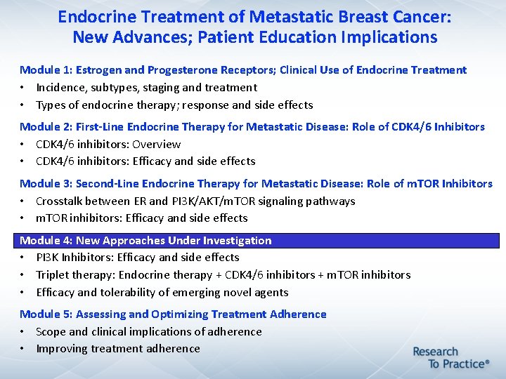 Endocrine Treatment of Metastatic Breast Cancer: New Advances; Patient Education Implications Module 1: Estrogen Endocrine Treatment of Metastatic Breast Cancer: New Advances; Patient Education Implications Module 1: Estrogen