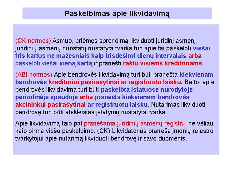 Paskelbimas apie likvidavimą (CK normos) Asmuo, priėmęs sprendimą likviduoti juridinį asmenį, juridinių asmenų nuostatų