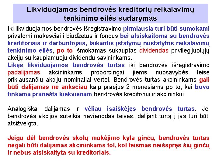 Likviduojamos bendrovės kreditorių reikalavimų tenkinimo eilės sudarymas Iki likviduojamos bendrovės išregistravimo pirmiausia turi būti