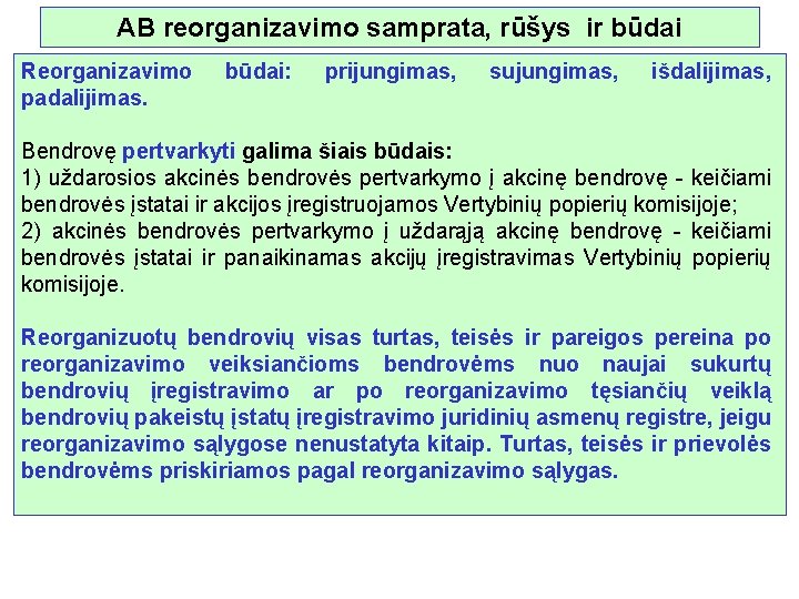 AB reorganizavimo samprata, rūšys ir būdai Reorganizavimo padalijimas. būdai: prijungimas, sujungimas, išdalijimas, Bendrovę pertvarkyti