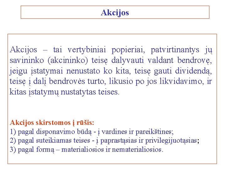 Akcijos – tai vertybiniai popieriai, patvirtinantys jų savininko (akcininko) teisę dalyvauti valdant bendrovę, jeigu