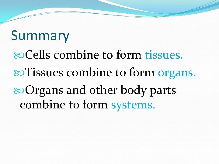 Summary Cells combine to form tissues. Tissues combine to form organs. Organs and other